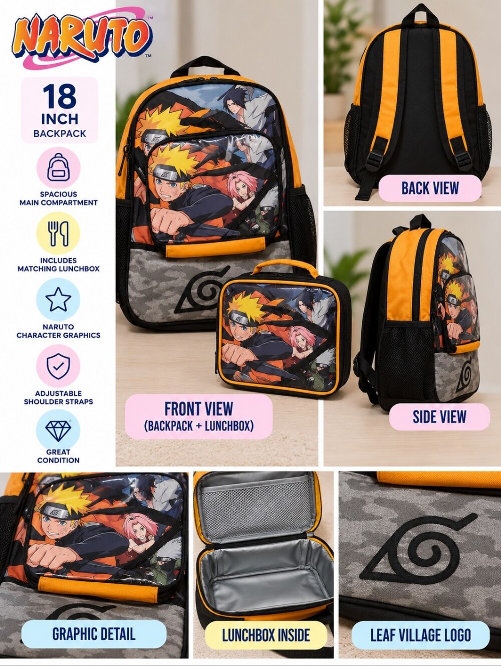 Naruto boys 18 inch bookbag with lunchbox #01